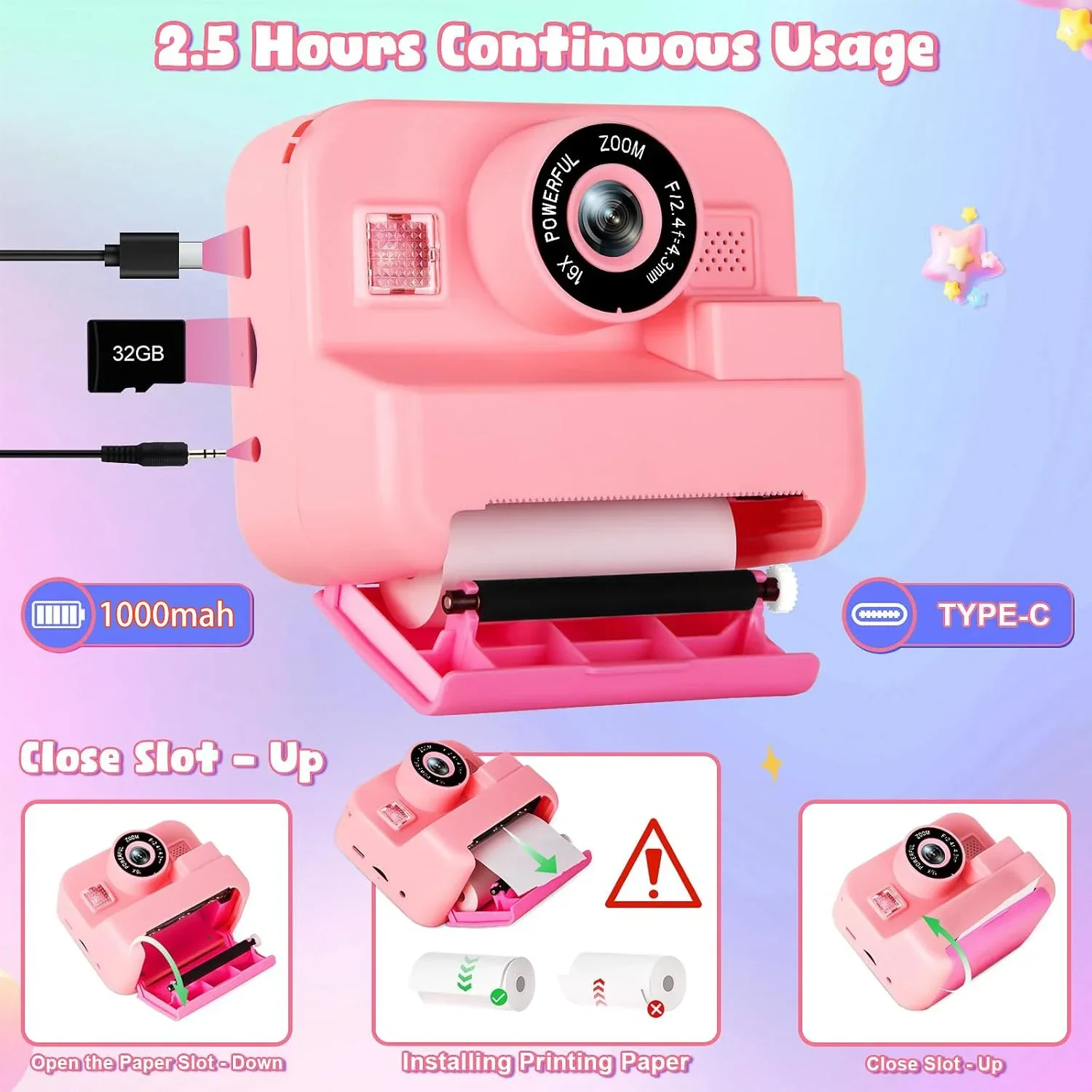 Digital Children Instant Print Camera Video Recording 32G Card Thermal Printing Kids Educational Toy Gift Digital Camera