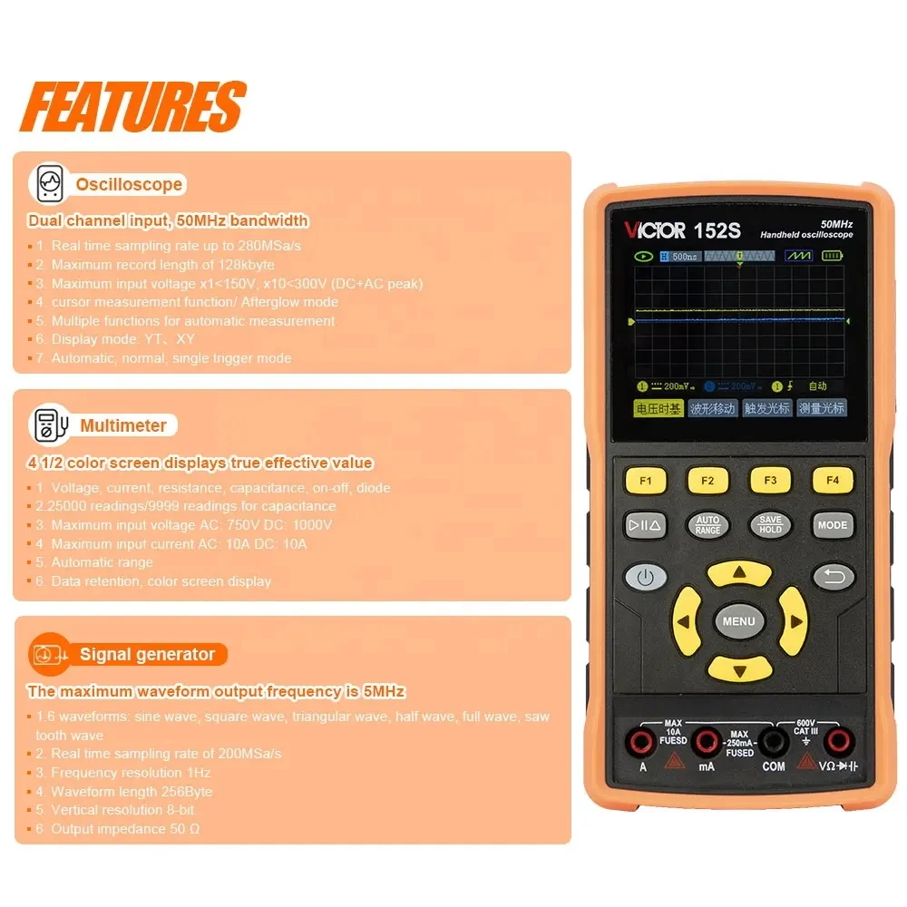 VICTOR 152S NEW Handheld Oscilloscope 2 Channels 50MHz 2200mAh