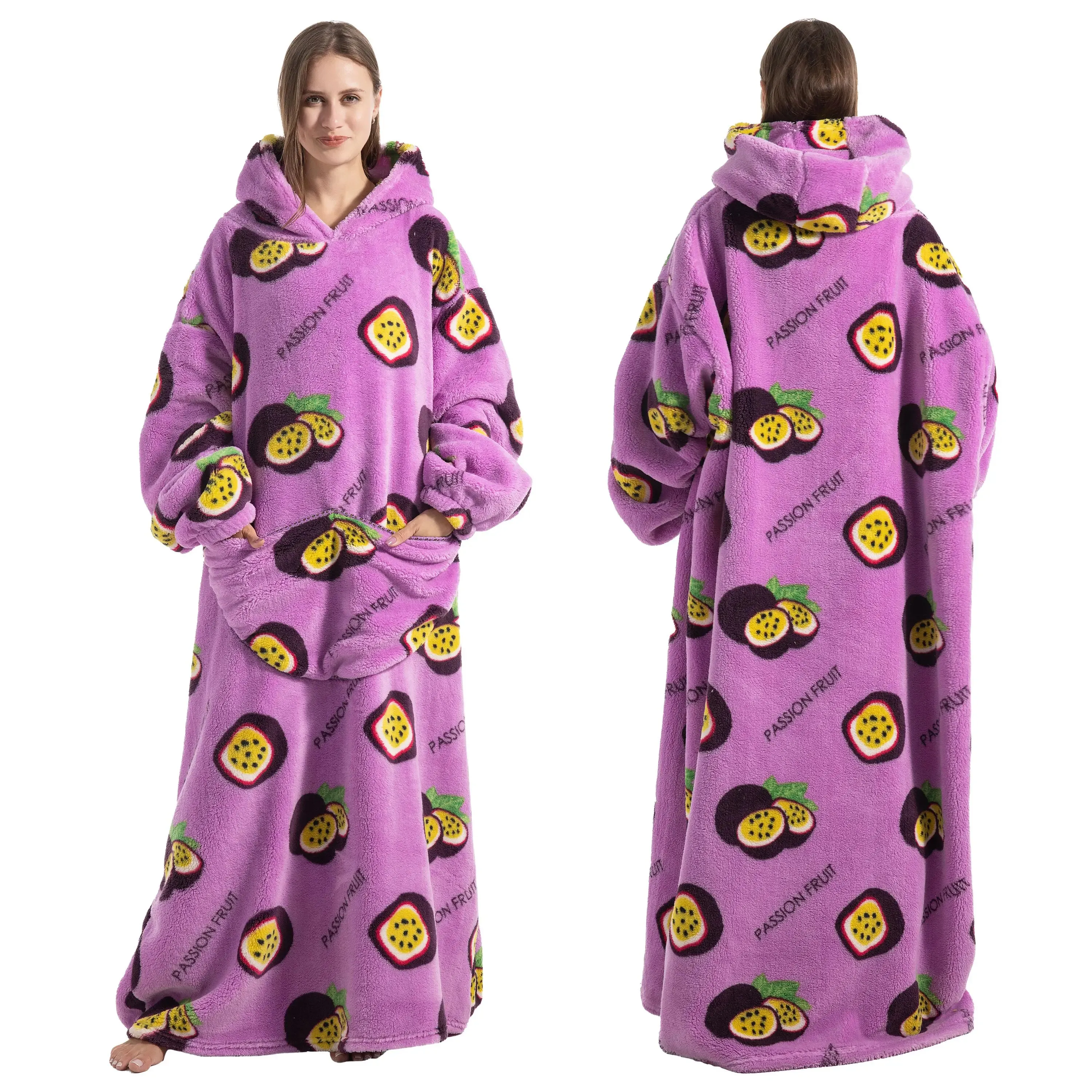 Women Men Wearable Blanket Hoodie Adult's Winter Home Wear Thick Loungewear Plush Flannel Pajamas