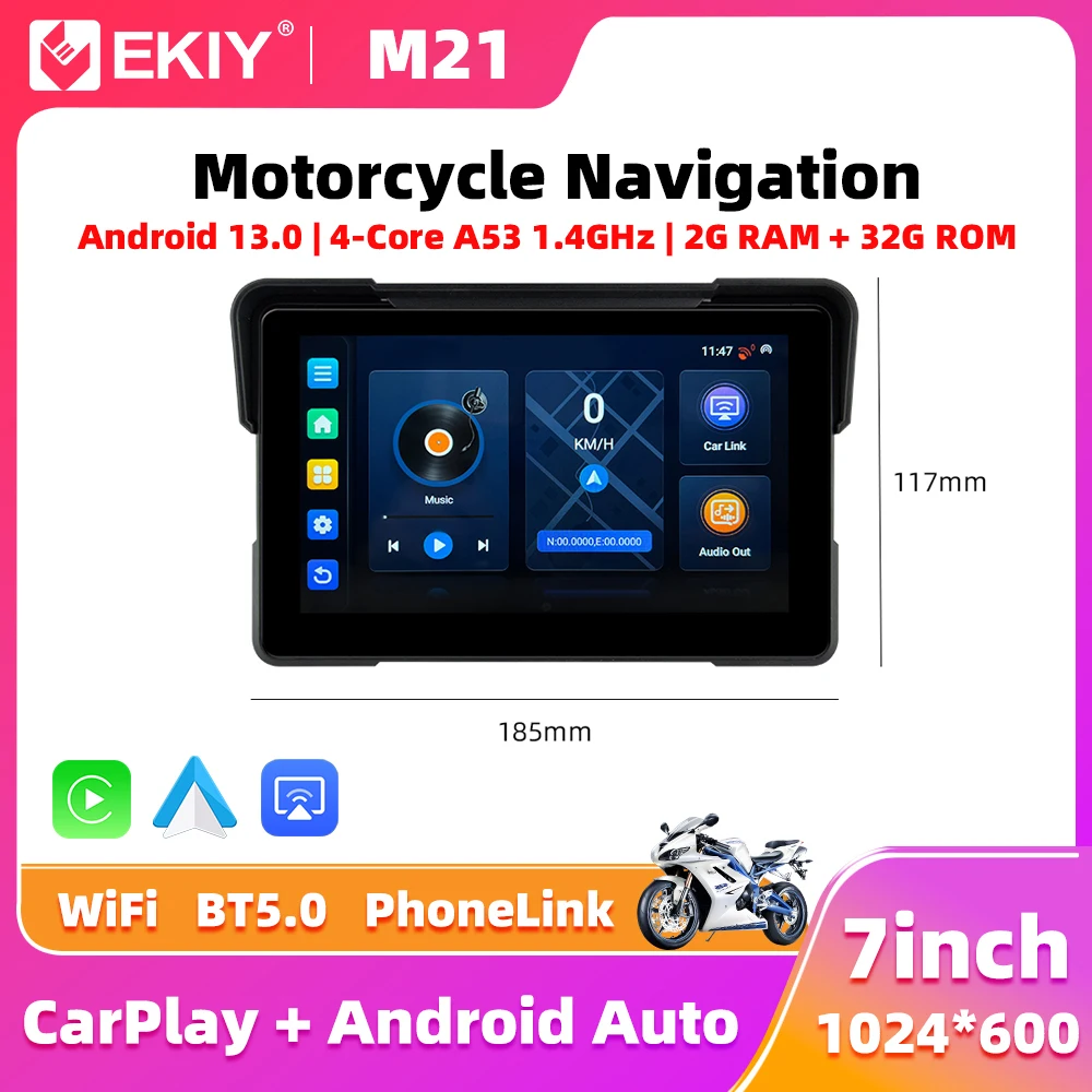 EKIY 7.0“ Android 13.0 Motorcycle GPS WiFi MOTO Navigation Wireless CarPlay Wireless Android Auto 4-Core A53 Digital Dashboard