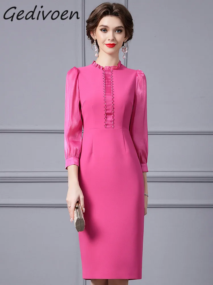 

Gedivoen Autumn Fashion Runway Black Vintage Party Dress Women O Neck Ruffles Diamond High Waist Package Buttock Slit Midi Dress