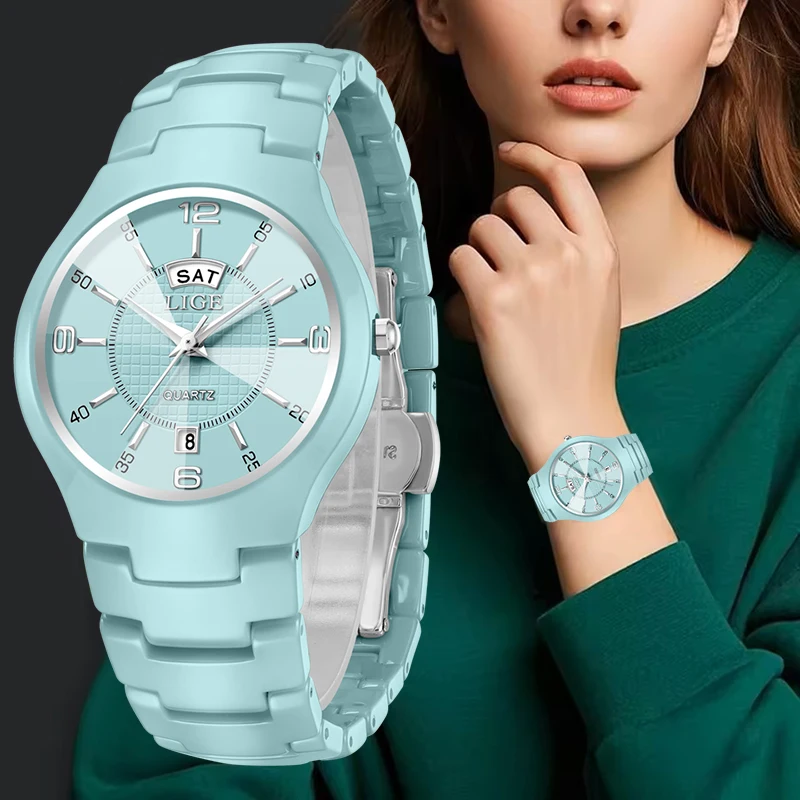 LIGE New Waterproof Ladies Quartz Watches Fashion Creative Ceramic Watch Women Casual Elegant Bracelet Watches Gift For Women