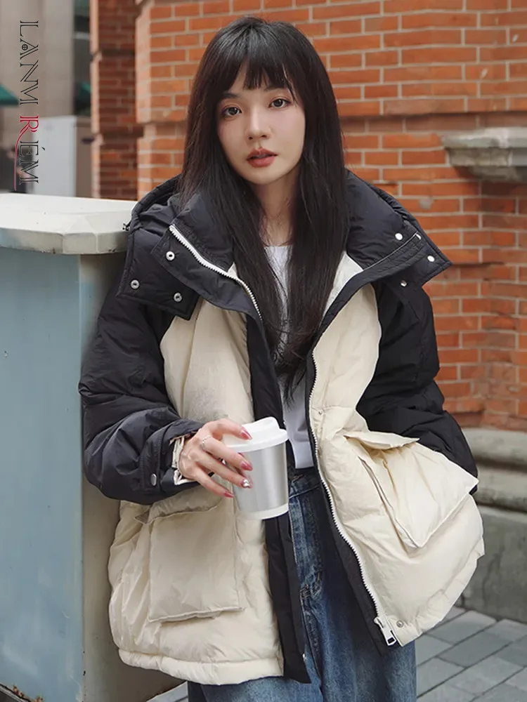 

LANMREM Fashion Contrast Color Hooded Cotton Coat Women Loose Short Jackets Korean Style 2023 Winter New Clothing 2AA3345