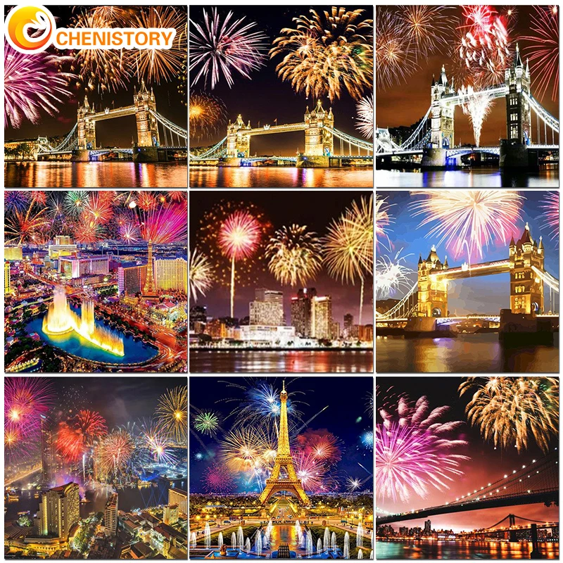 

CHENISTORY DIY Oil Painting By Numbers Fireworks Landscape Kits On Canvas HandPainted Gift Pictures Night Scenery Home Decor
