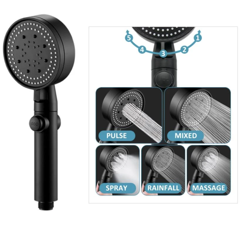 Shower Head Water Saving Black 5 Mode Adjustable High Pressure Shower