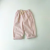 Spring Summer Boys Striped Loose Pants Baby Girl Vintage Casual Linen Cotton Harlan Pants Kids Lace-up Pant Children Clothing 4