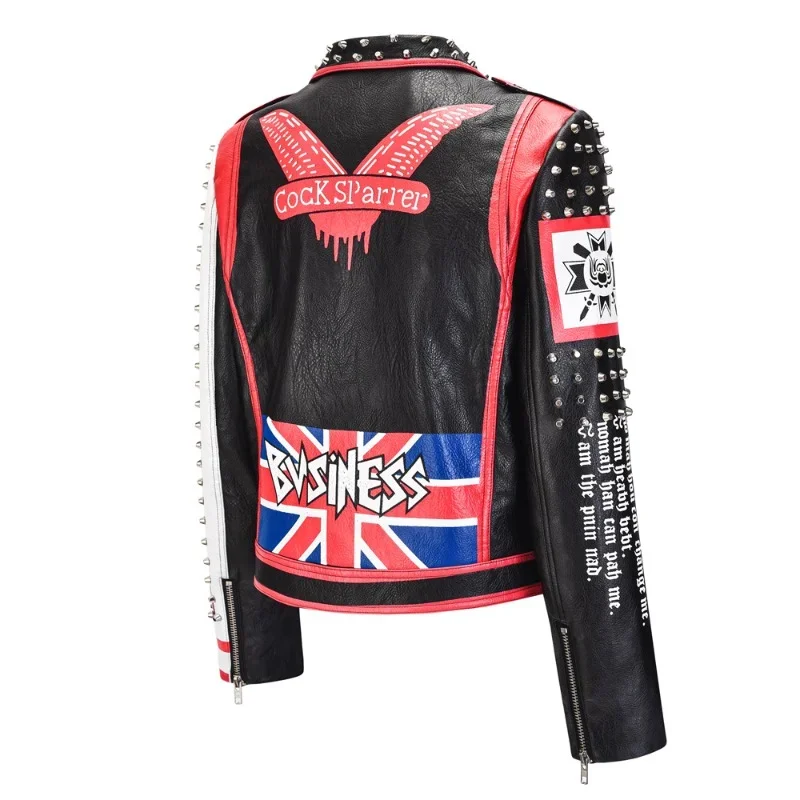 Rivets Motorcycle Leather Jacket Women 2024 Trend Rock Punk Style Streetwear Graffiti Print Faux Leather Cropped Jacket