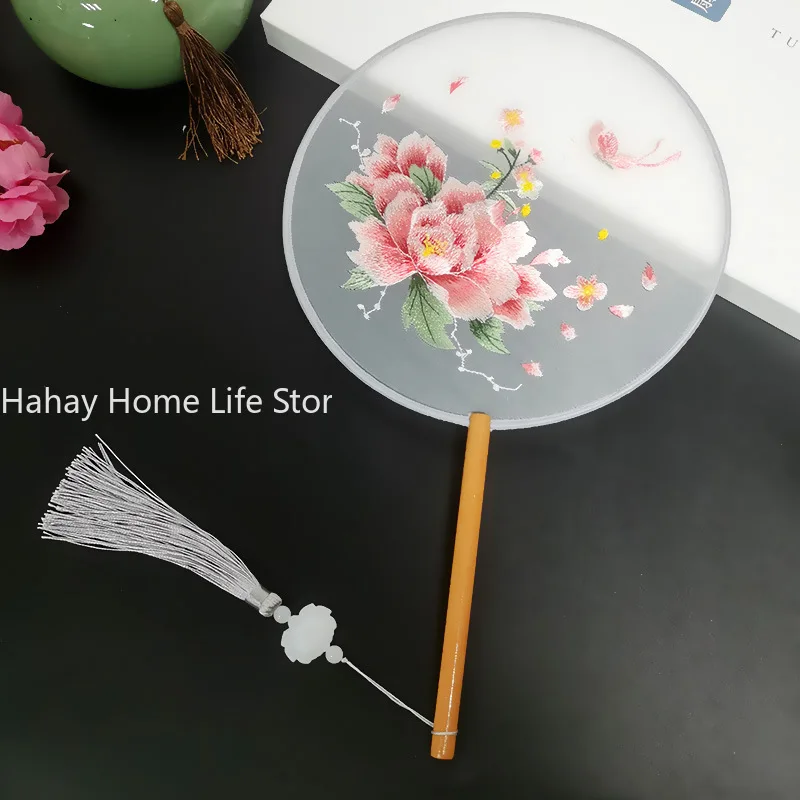 Fashion Chinese Style Wooden Handle Fan Embroidery Flower Girl Gift Portable Home Decor Hand Fans Crafts Dance Fan