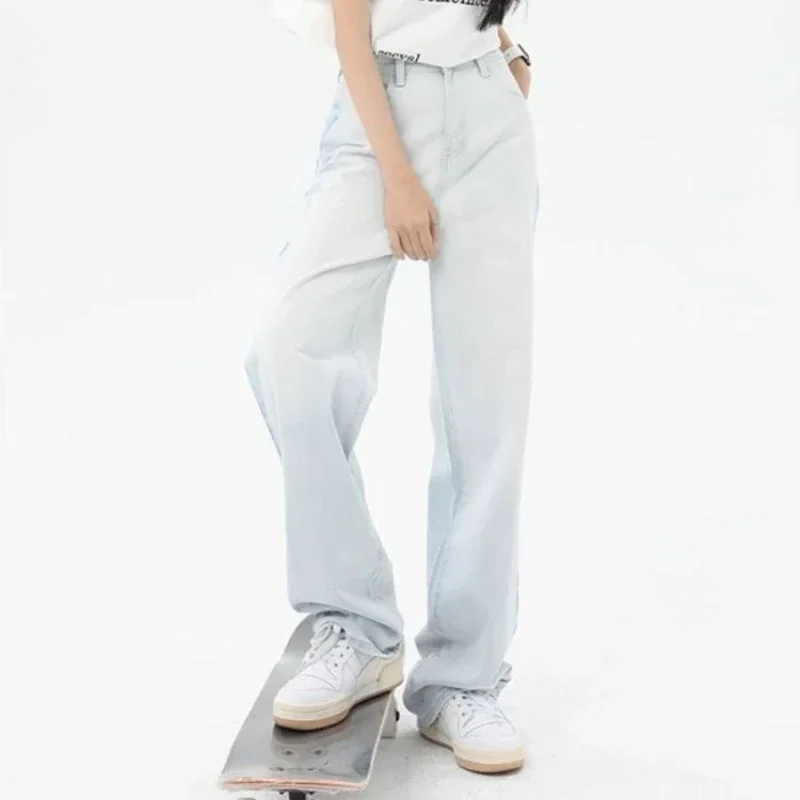 

Pants for Woman Light Blue High Waist Shot Women's Jeans Tie Dye with Pockets Trousers Straight Leg on Sale Chic and Elegant Emo