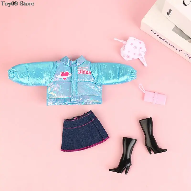 

1Set Doll Changing Winter Blue Cotton Jacket Denim Short Skirt Scarf Shoe Bag Set For 30cm