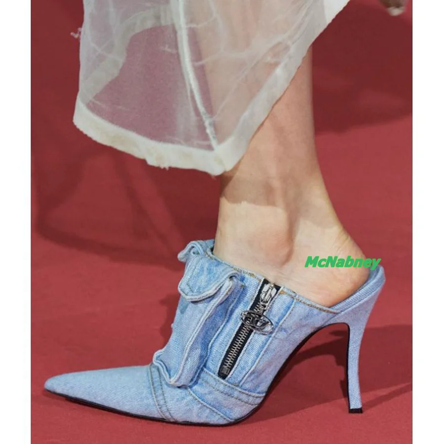 

Джинсовые туфли на молнии с карманами, туфли на высоком каблуке, туфли-лодочки с острым носком на шпильке, женские туфли для свадьбы и вечеринки, новинка 2023