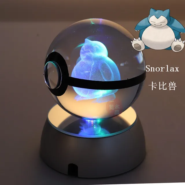 Anime Pokemon 3D Crystal Ball Snorlax Figure Pokeball Engraving Crystal Model with LED Light Base Kids Gift ANIME GIFT 3