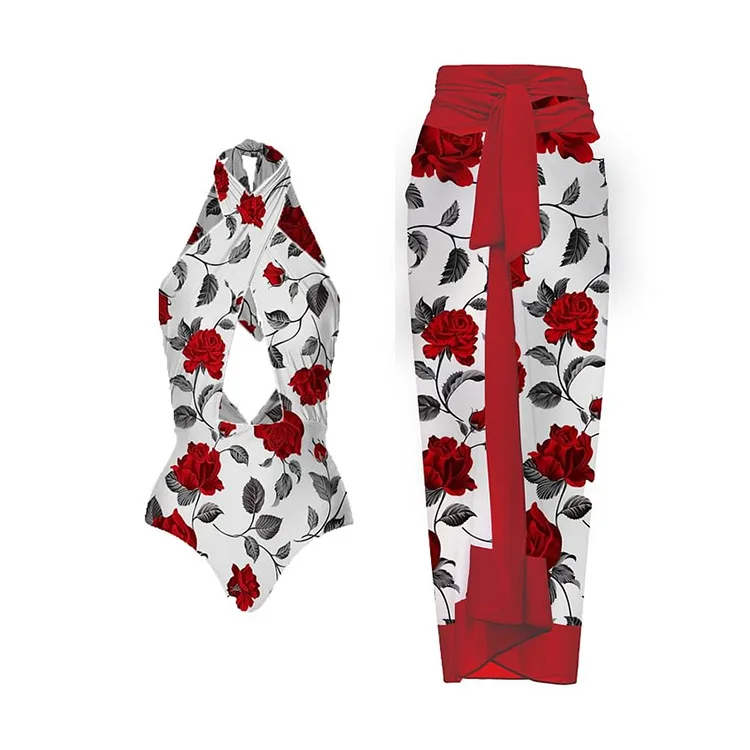 

Women's Swimsuit Hollow Rose Print One-piece with Skirt