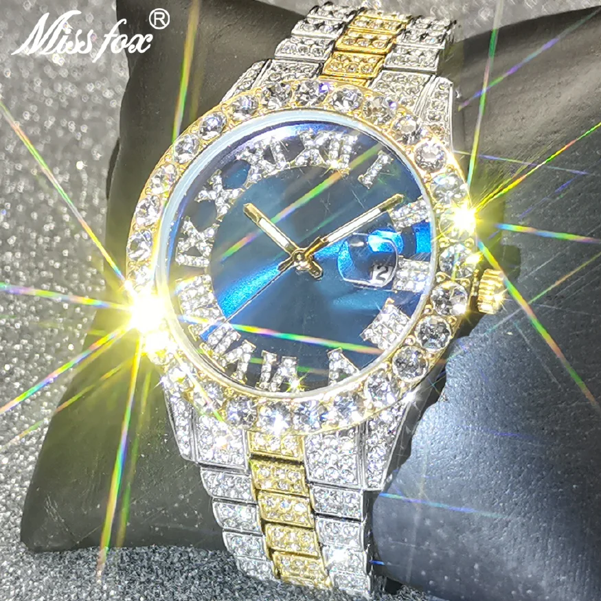 

Hip Hop New Classic Luxury Men Watch Round Blue Dial Bling Quartz Wristwatch Shiny Jewelry Waterproof Relogio Masculino