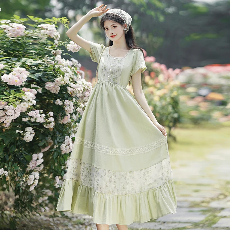 French Style Medieval Cottage Woman Dress Summer Vintage Prairie Colony Green Countryside Floral Lawn Dresses Costume Halloween