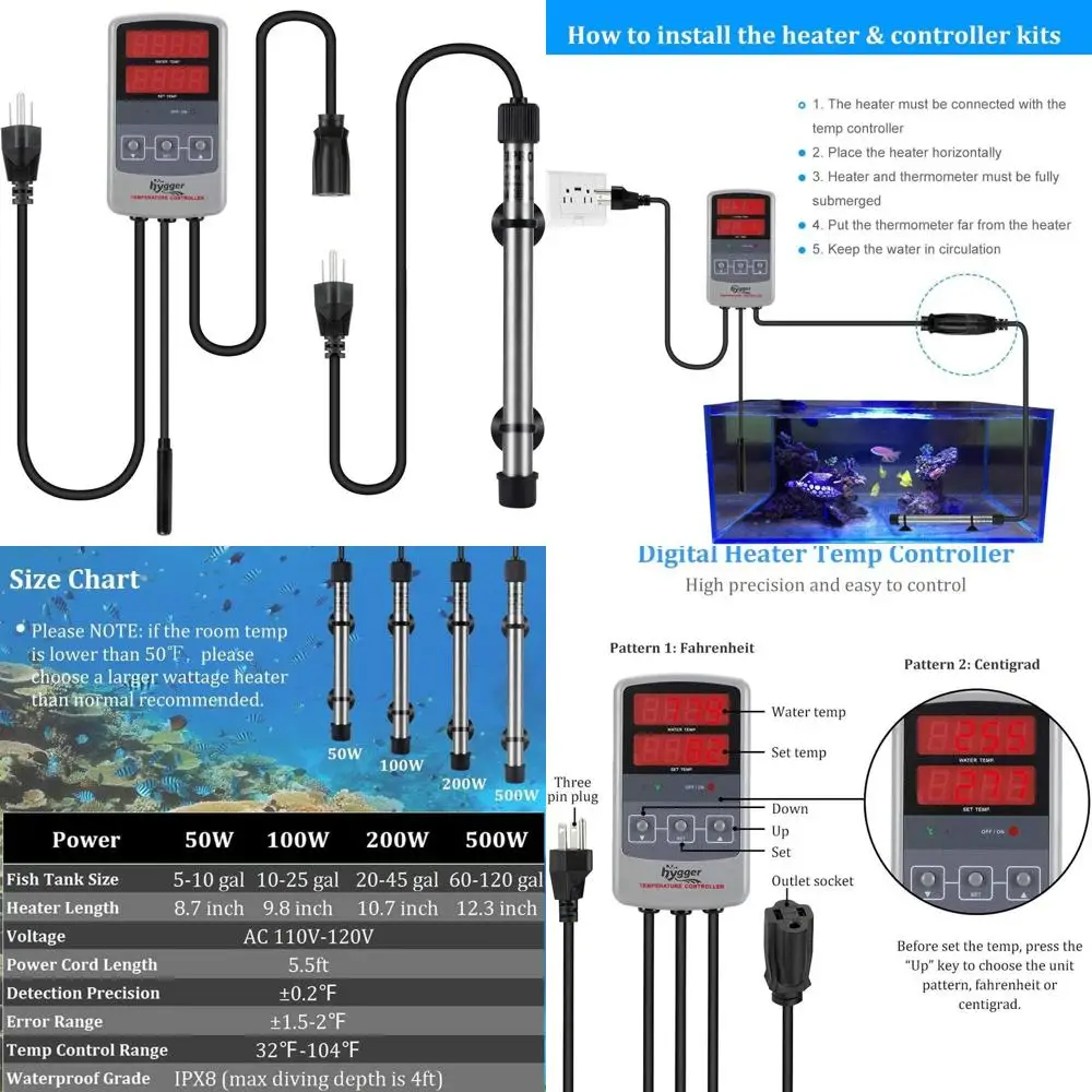 View of hygger Pinpoint Saltwater Aquarium Heater with Digital Thermostat IC ...