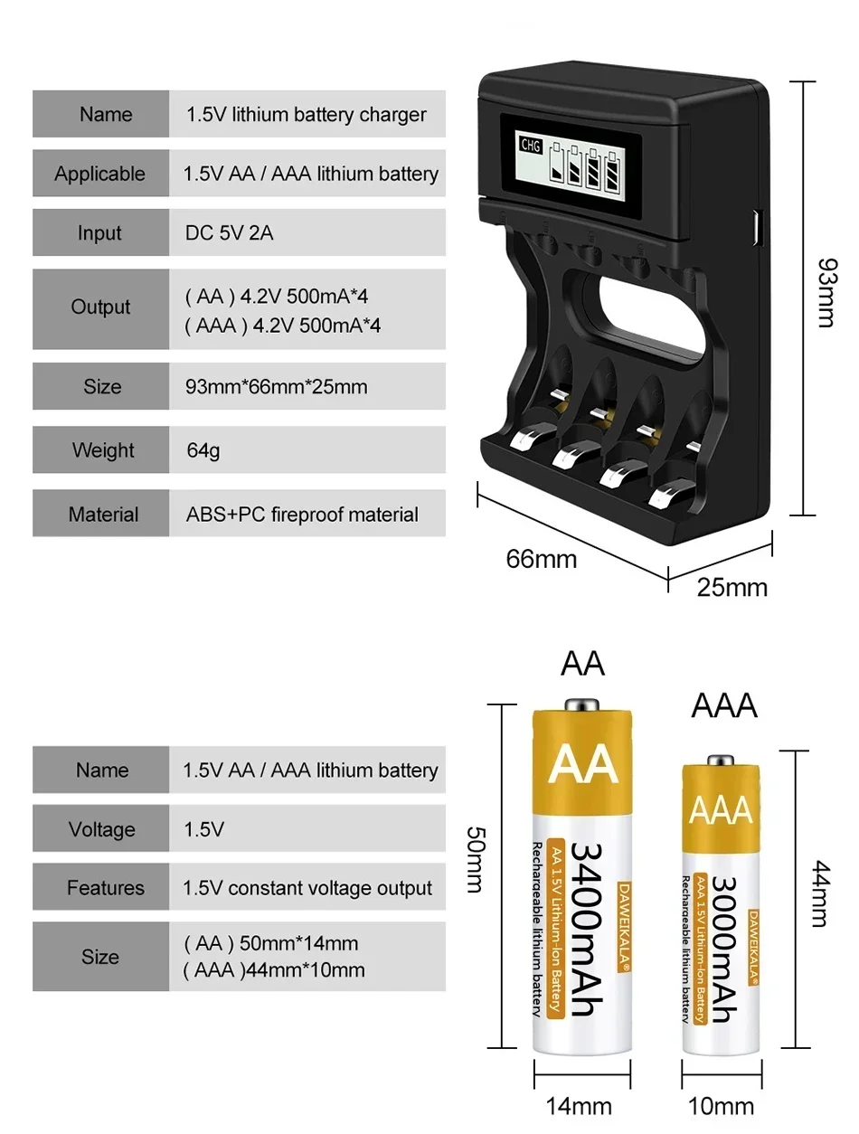 Батарея AAA 1,5 В, литий-ионная аккумуляторная батарея емкостью 3000 ...