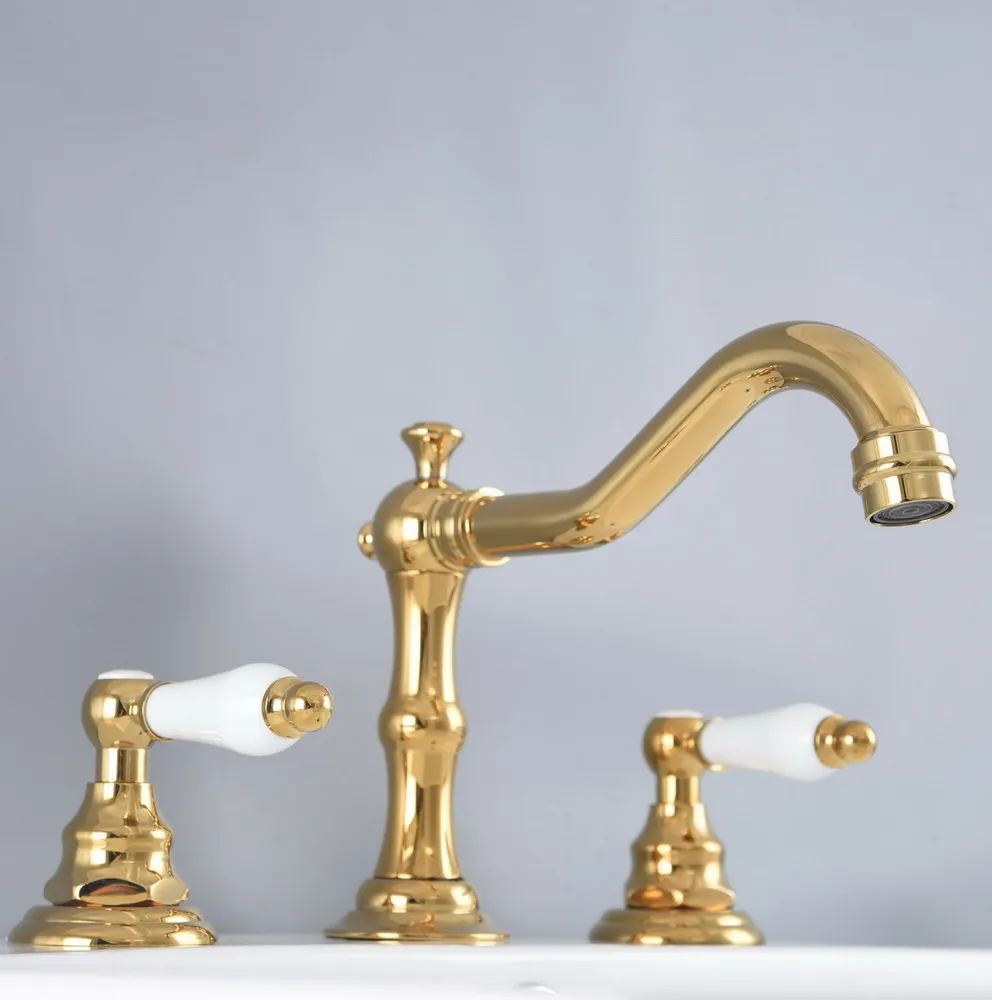 

Gold Color Brass Widespread Dual Handle Bathroom Washing Basin Mixer Taps Deck Mounted 3 Holes Lavatory Sink Faucet anf982