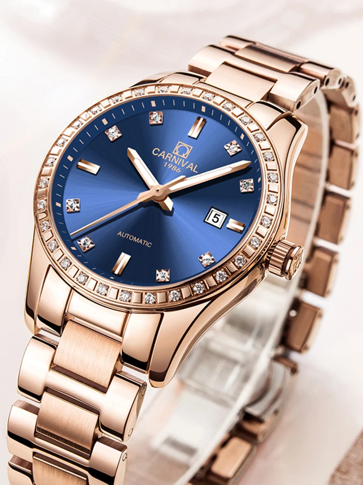 CARNIVAL New Luxury Rose Gold Blue Dial Watch Women Dress Automatic Mechanical Watches Bracelets Ladies Gift Reloj Mujer_voghion.com