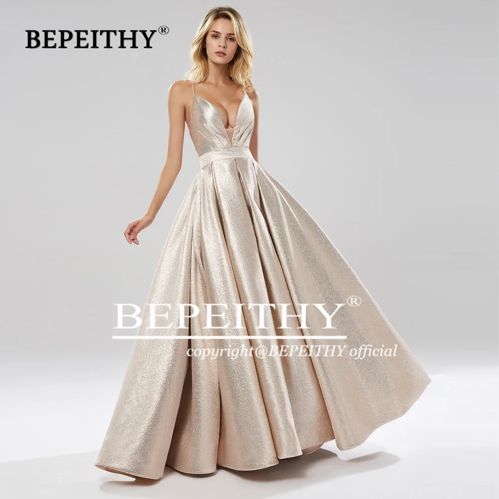 BEPEITHY Deep V Neck A Line Gray Prom Dresses Vestidos De Gala Sexy Backless Glitter Evening Dress Modern Cocktail Dresses