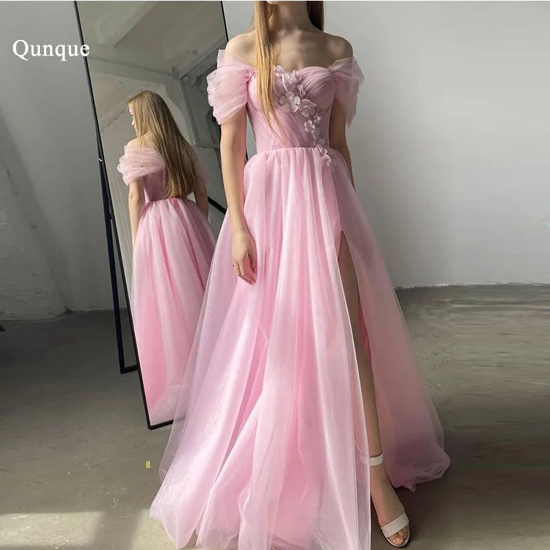 

Qunque Flowers Tulle Pink Vestidos De Noche A-line Tulle Prom Dresses Elegant Short Sleeves High Slit Long Formal Evening Gowns