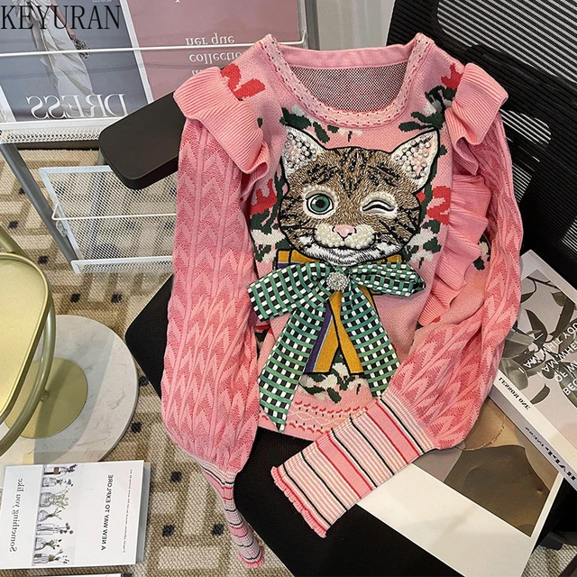 Argyle Cat Embroidery Pullover Sweater Women's 2022 Autumn Winter Retro  Fashion Lapel Patchwork Long Sleeve Top Female Knitwear - AliExpress