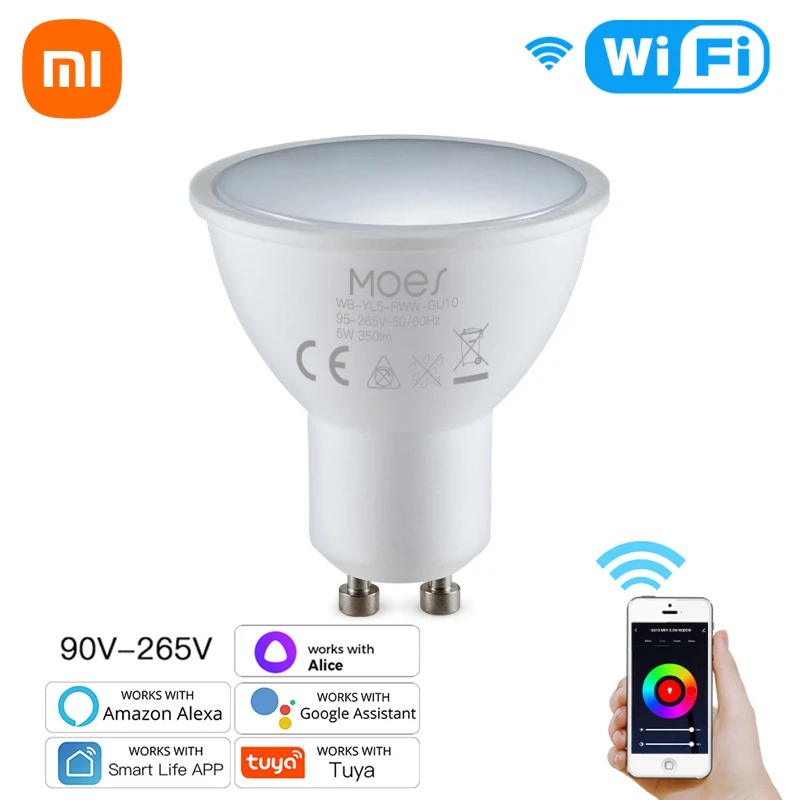 

Умная лампа Xiaomi Tuya WiFi GU10 RGB C + W с регулируемой яркостью, ночник с управлением через приложение, светодиодная лампа Alexa Google Home Яндекс Alice
