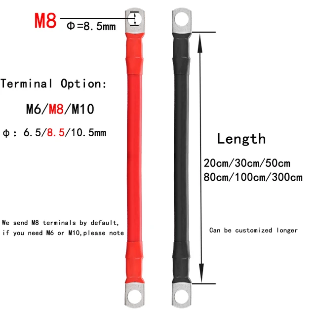 Câble de connexion de batterie M6 M8 M10, fil d'extension en cuivre, 1, 2,  3