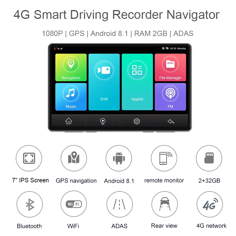 7 Inch 4G ADAS Android Car Mirror DVR GPS Dash Cam Dashboard Bluetooth WIFI Car Camera Driving Recorder G-Sensor Parking 2G+32G