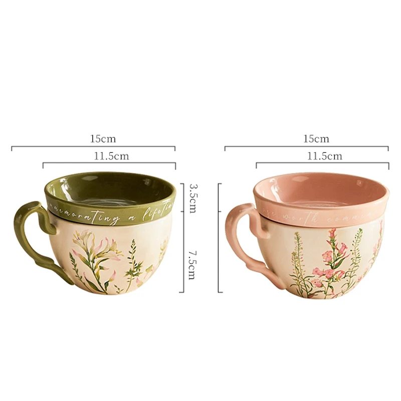 Chinese Style Ceramic Gift Cute Mug, Home Personal Office Creative Hand Drawn Flower Patterns, Milk Water Coffee Cup, 460ml, 1Pc