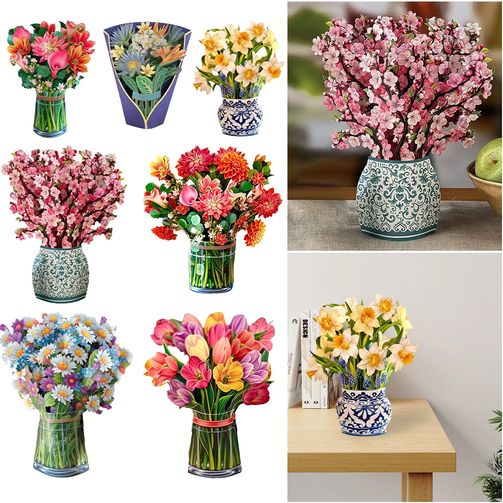 Creative 3D Pop-Up Bouquet Card Carving Flower Greeting Cards Wedding Invitation Postcard Thank You Card Gift For Mother's Day