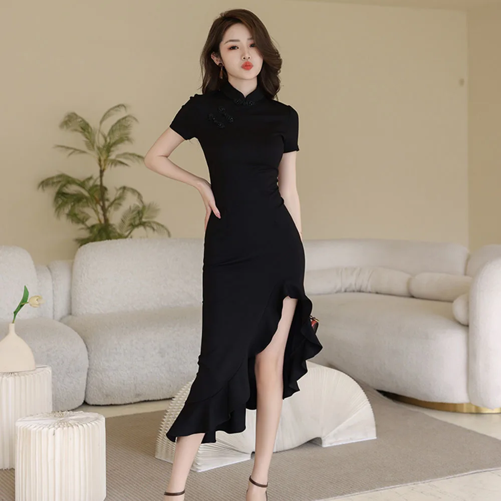 

2024 Chinese Style Vintage Cheongsam Lady Disc Buckle Irregular Elegant Qipao Dresses Sexy Split Fishtail Long Daily Women Dress