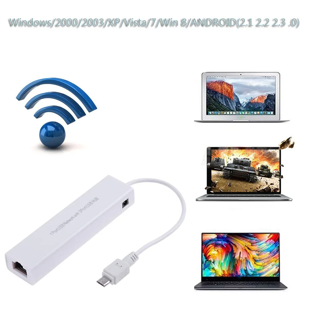 OTG 3포트 USB 2.0 허브 10/100MB 마이크로 USB - RJ45 LAN 어댑터 네트워크 카드