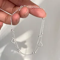 Bracelets en argent Sterling 925 en forme de cœur creux pour femmes et filles, Vintage, Design coréen, perles Double couche, bijoux cadeaux de fête 4