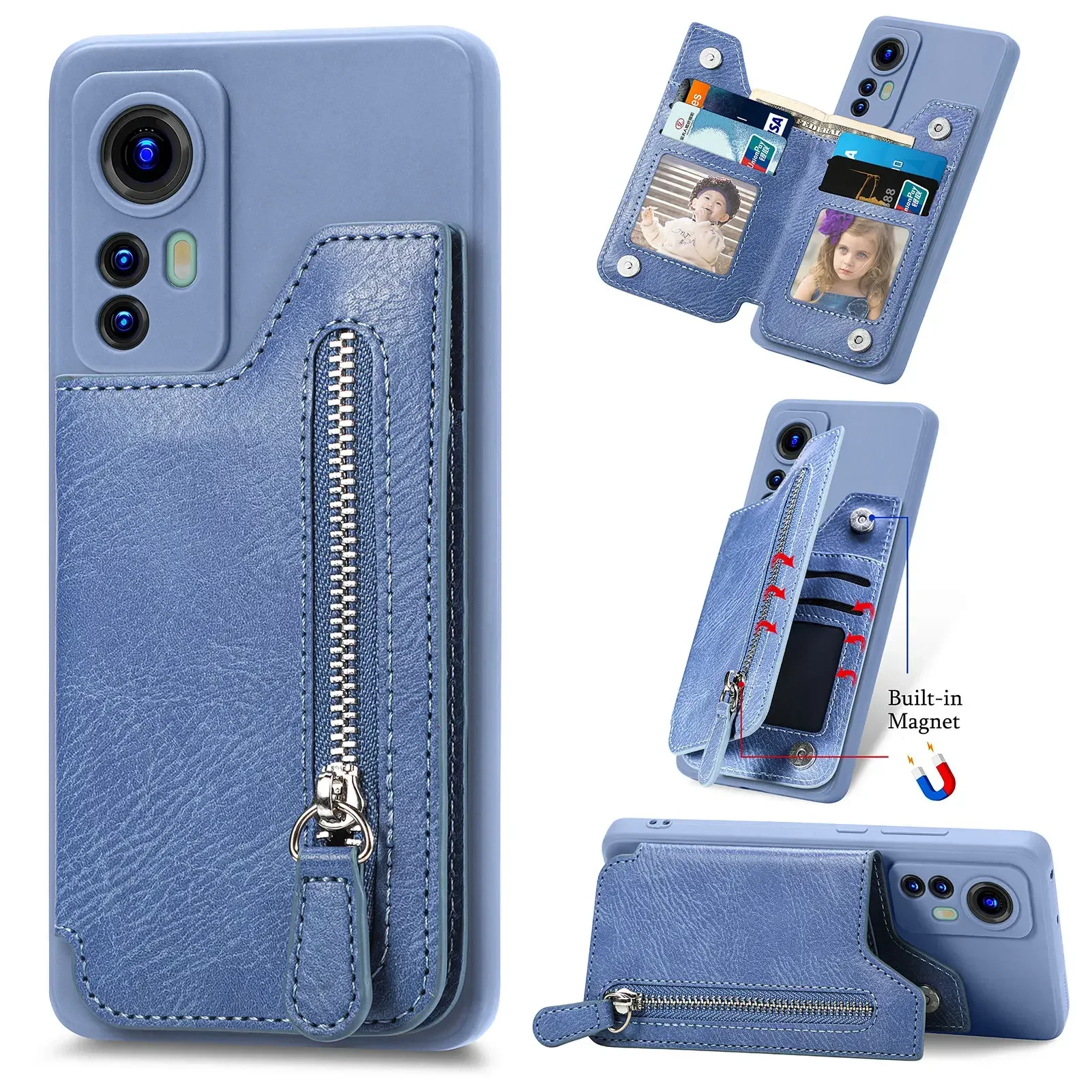 Zipper Wallet Leather Case with Magnetic Stand Cover