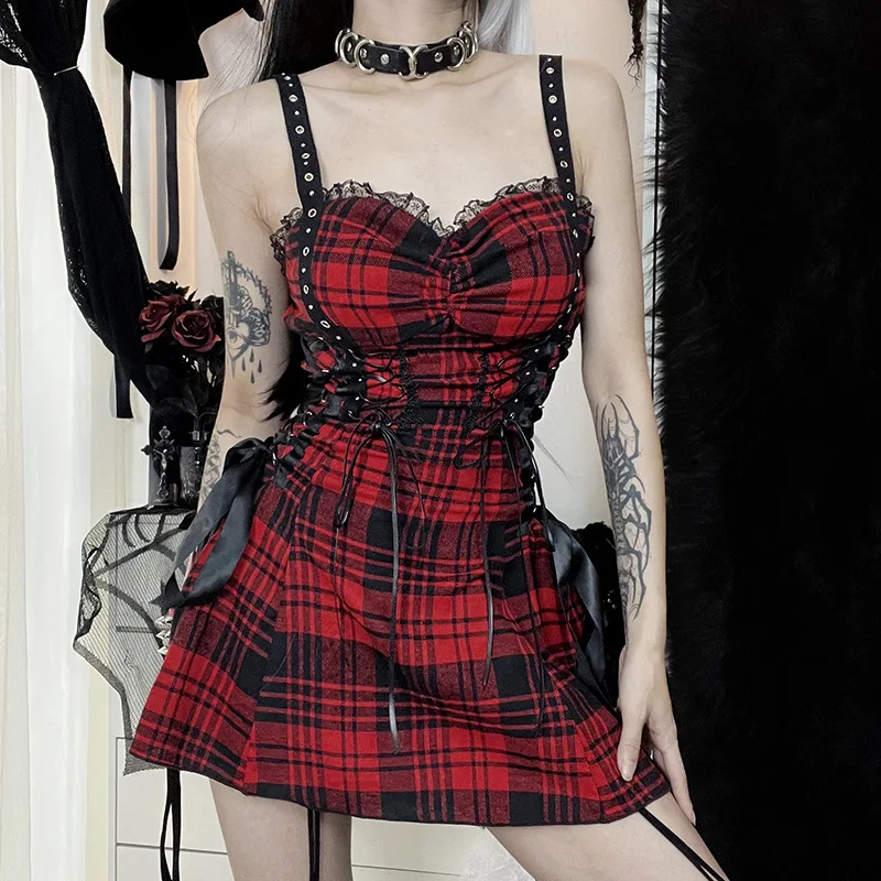 

Black Red Plaid Gothic Lady Empire Strap Lace-up Rope Sleeveless Dresses Dark Gothic Women Mini Dress Street Cool Mujer Vestidos
