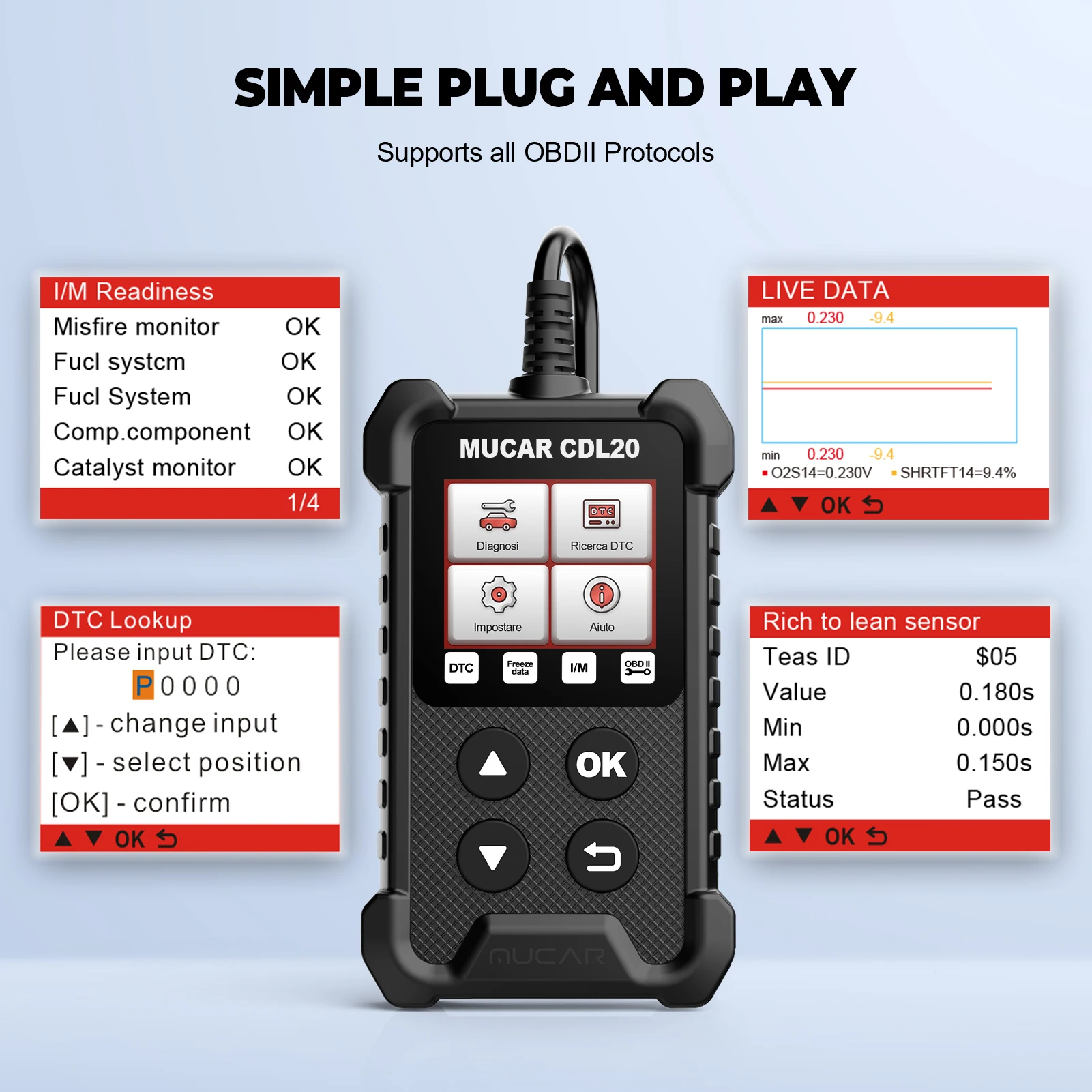 MUCAR CDL20 OBD2 strumenti diagnostici per Auto Scanner lettore di codici OBD 2 per la diagnosi del motore 10 OBD2 ricerca DTC automatica gratuita 8 lingue