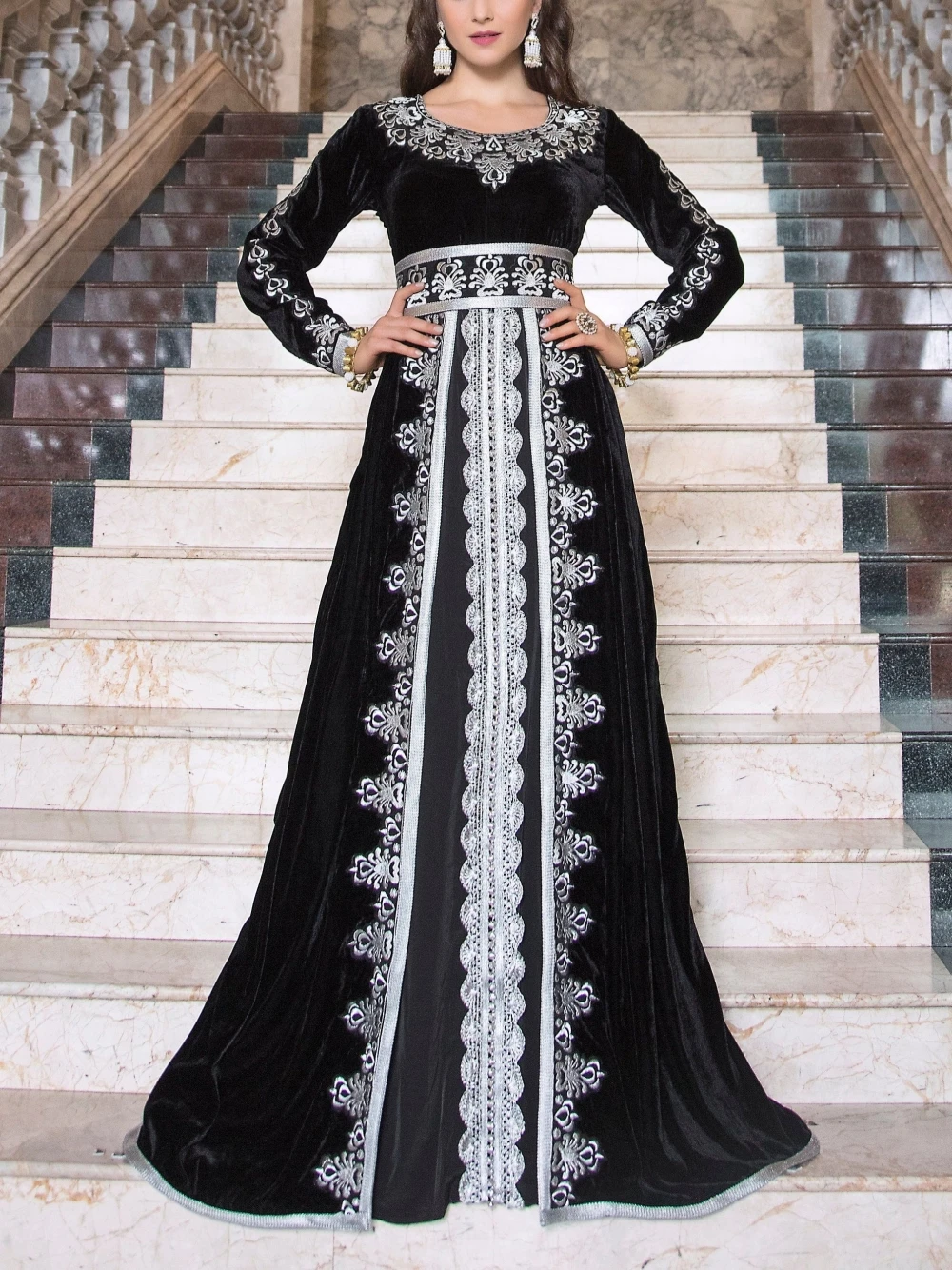Černá královský marocké dubaj kaftan soumrak šaty pro ženy uhlazený a-line svatební šaty kaftan nášivky talár róba de mariée