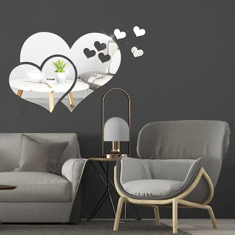 Wall Sticker 3D Glass Mirror Hearts DIY Self-adhesive Wedding Background Home Room Decoration