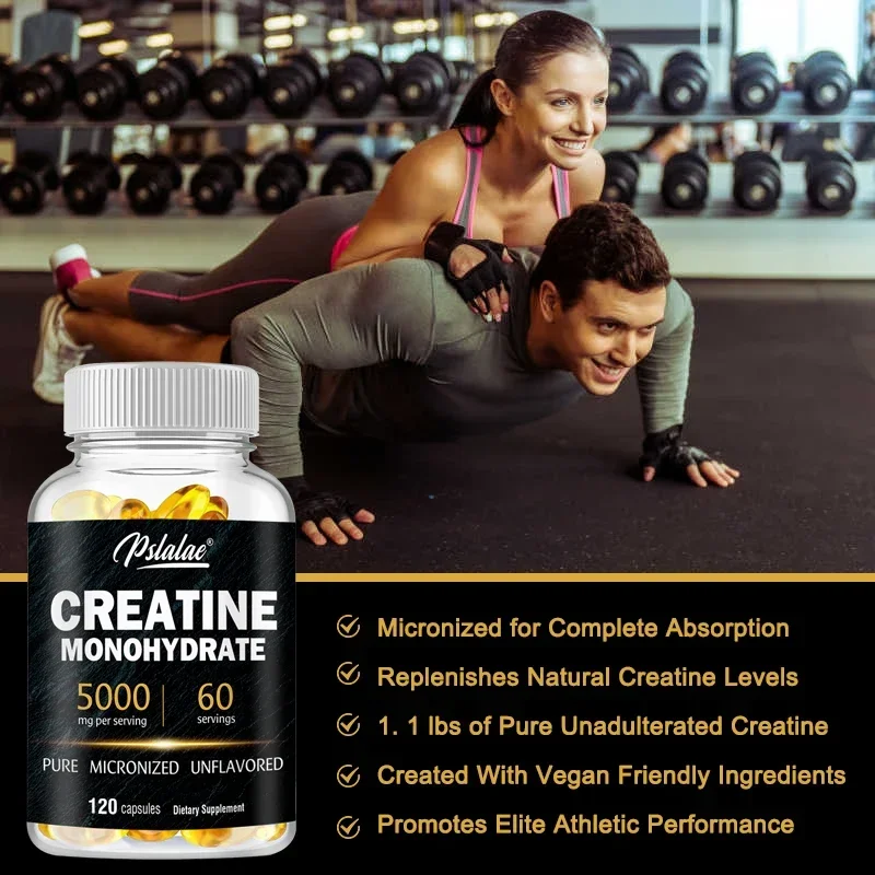 Creatine Monohydrate Capsules -Gluten-Free Supplement for Men and Women Vegan Non-GMO,