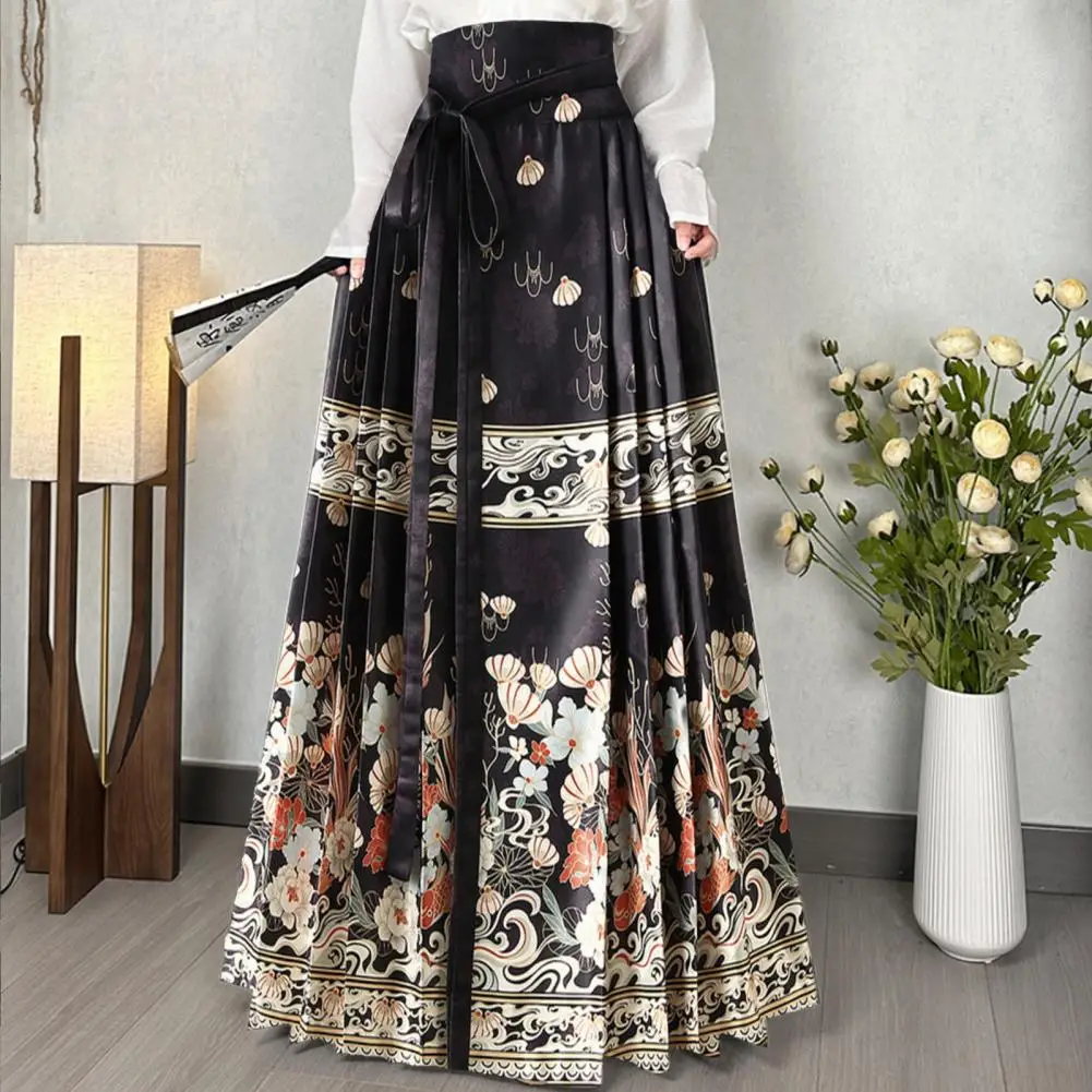 Ming Style Hanfu Skirt Elegant Vintage Chinese Maxi Skirt with Floral Print High Waist Women's Hanfu Pleated Horse Face for A