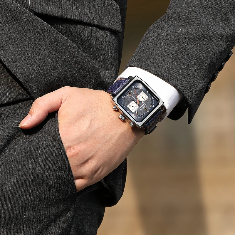 MEGIR New Square Quartz Watch for Men Leather Military 's Chronograph Wristwatch Mens Watches Top Brand Luxury Relogio Masculino