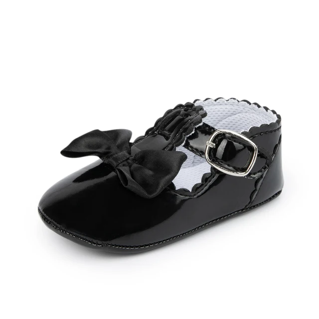 Newborn Baby Shoes Baby Boy Girl Shoes Girl Classic Bowknot Rubber Sole Anti-slip PU Dress Shoes First Walker Toddler Crib Shoes Black3