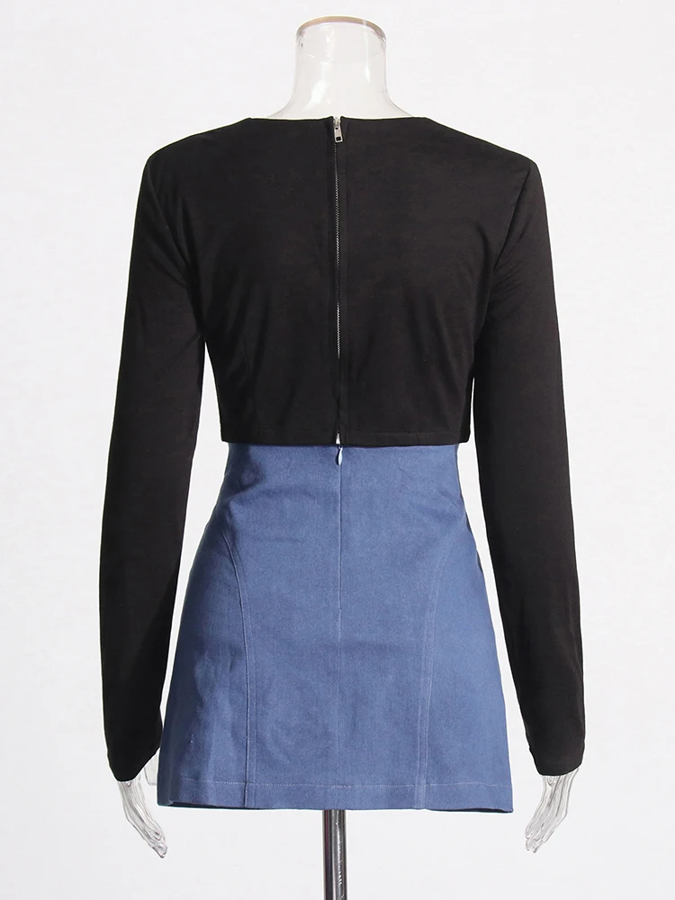 GALCAUR Hit Color Two Piece Sets For Women Round Neck Long Sleeve Slim Hollow Out Tops High Waist Mini Skirt Chic Set Female New