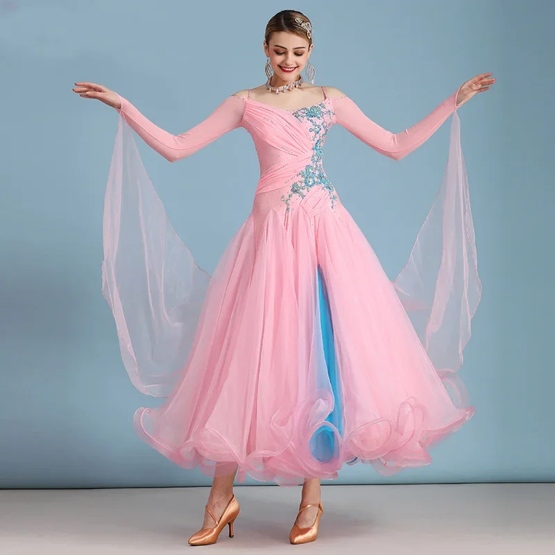 

Standard Ballroom Dance Dresses High Quality Pink Long Sleeve Flamenco Dancing Skirt Women Stage Waltz Ballroom Dress