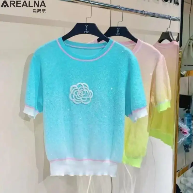 

Summer Vintage Flower Knitted T-Shirts Women O-Neck Short Sleeve Casual Embroidery Hot Drill Knit Tees Korean Thin Ice Silk Tops