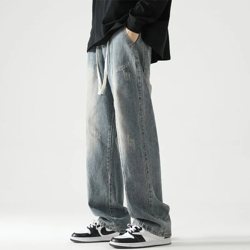 

Брюки мужские джинсовые прямые с широкими штанинами, стильные Молодежные повседневные с потертостями, с дырками, со шнуровкой, для весны и лета