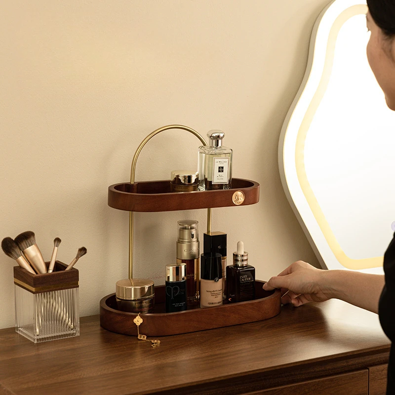 Solid wood multi-layer cosmetic storage box desktop dresser shelf perfume lipstick advanced skincare storage racks 4