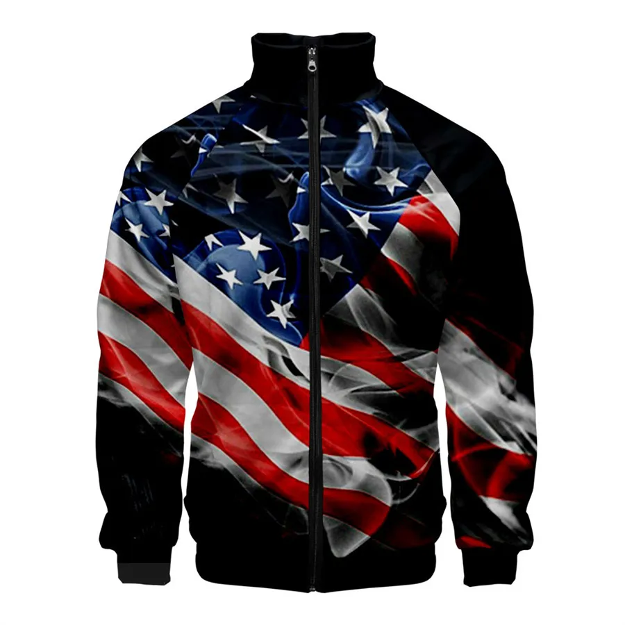 USA Flag American Stars and Stripes 3D Stand Collar Hoodies Men Women Zipper Hoodie Casual Long Sleeve Jacket Coat Clothes a01