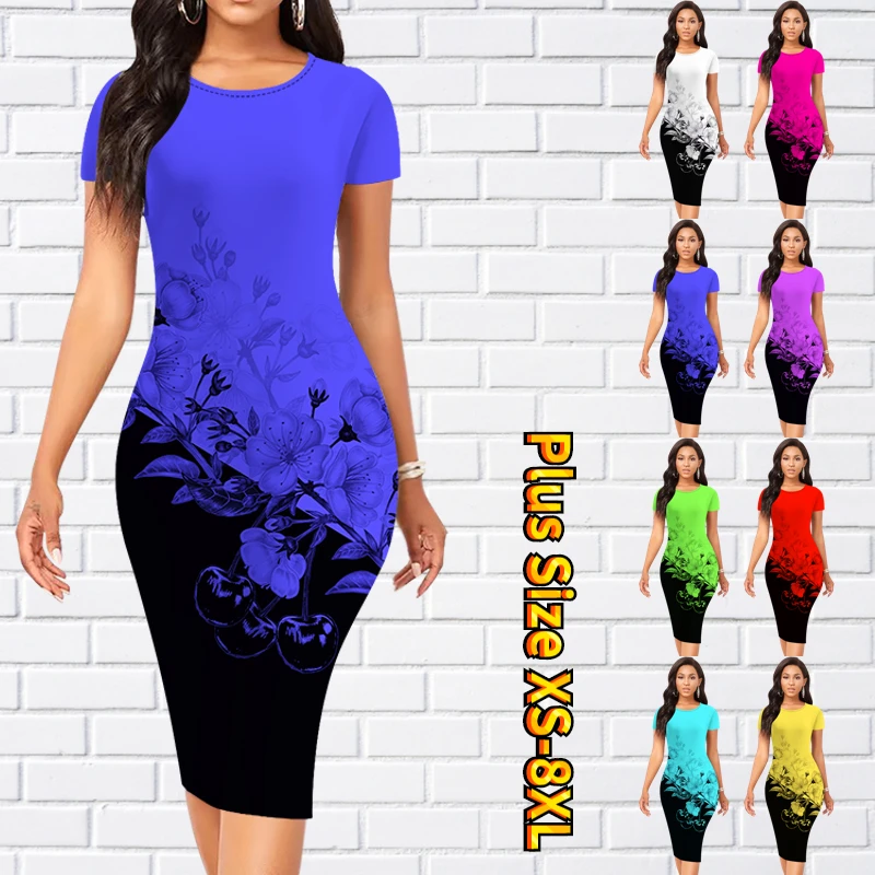 

2023 Casual Simple Style Summer Round Neck Slim Fit Knee Length Skirt New Fashion Women's Vintage Print Dress Short Sleeve Dress
